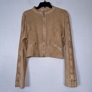 Fashion Nova Women's Vegan Suede Stretch Jacket Full Zip Pockets Tan SZ 1X